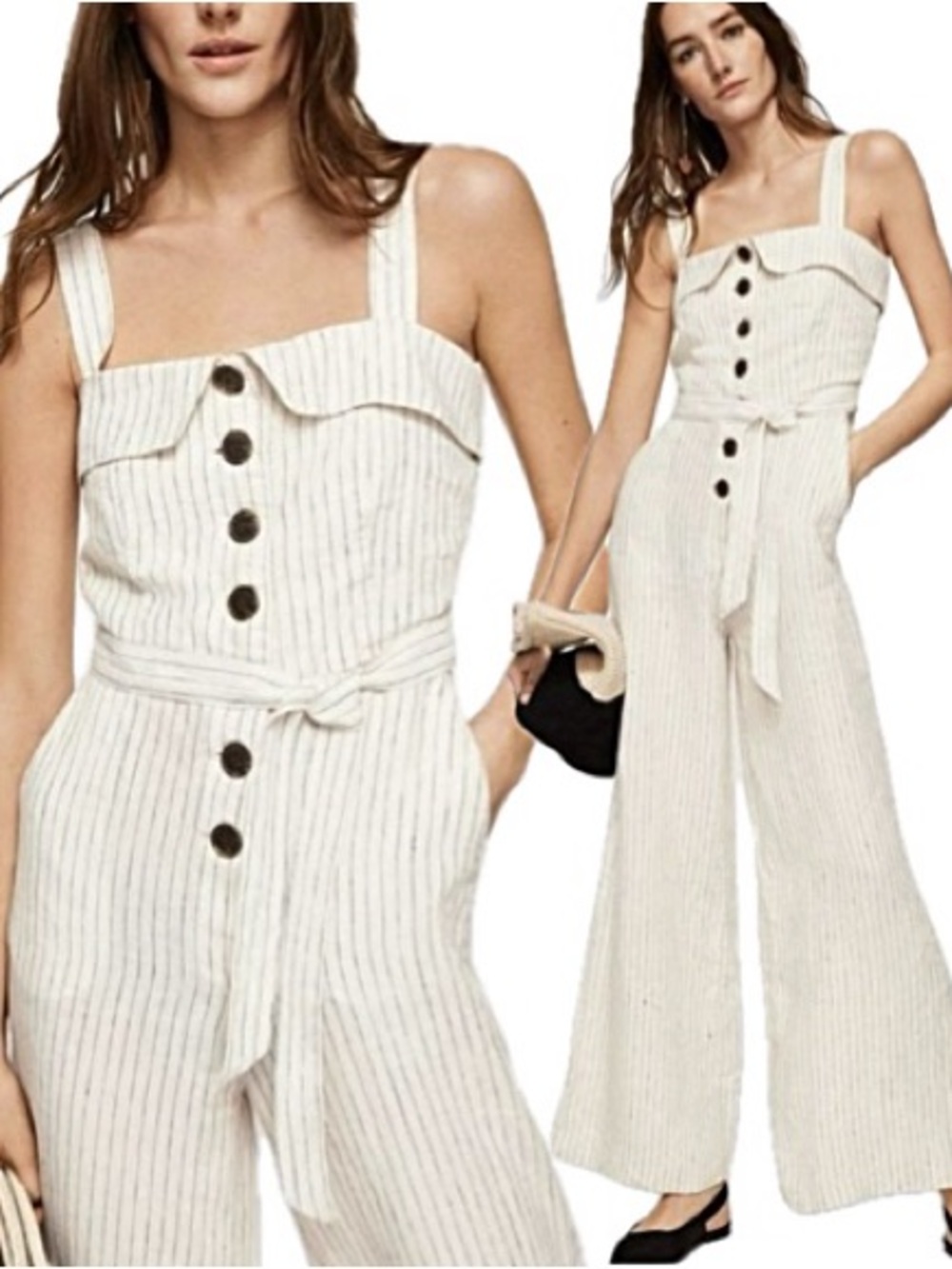 Mango 100% Linen Sleeveless Striped Button Front Wide Leg Jumpsuit Size Large